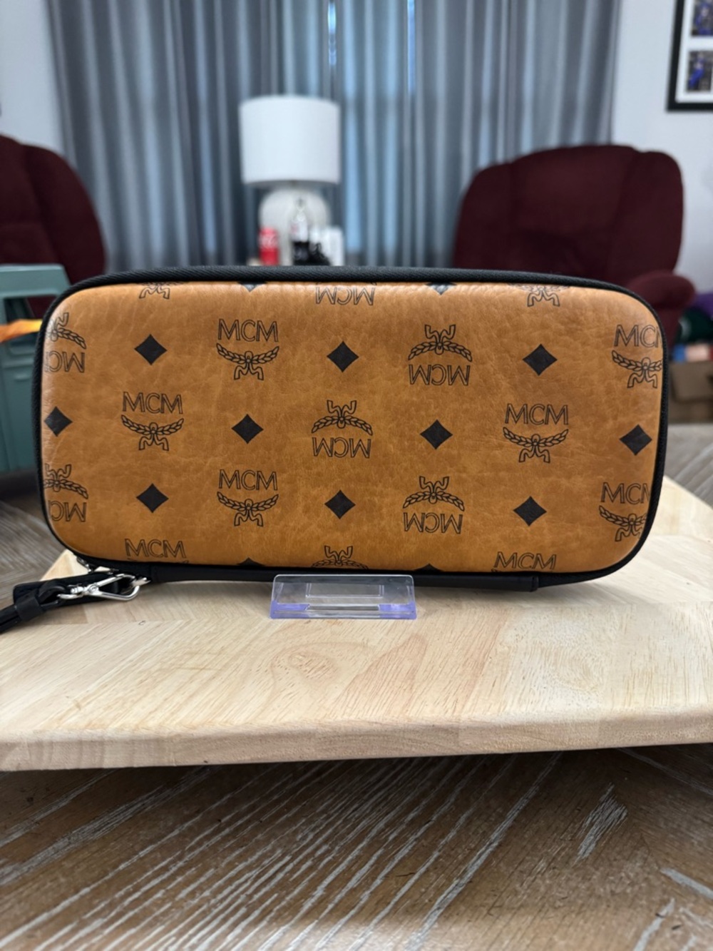 MCM Cognac Logo-Print Leather Carrying Case  Pouch with Black Trim